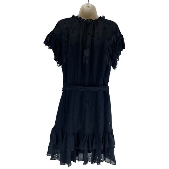 Rebecca Taylor Black Dree Silk Blend Eyelet Ruffle Mini Dress Size 12 - Picture 8 of 12